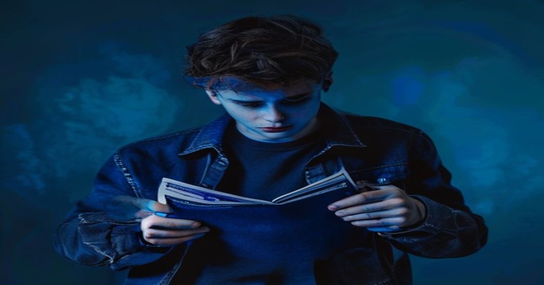 young adult opening empty wallet frustrated paycheck disappears money stress financial blog header dark moody blue tones mode