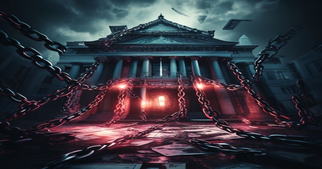 The Hidden System That Keeps You in Debt (And How Banks Profit From Your Confusion) bank building with chains money debt trap financial system dark dramatic cinematic lighting blog header editorial illustratio