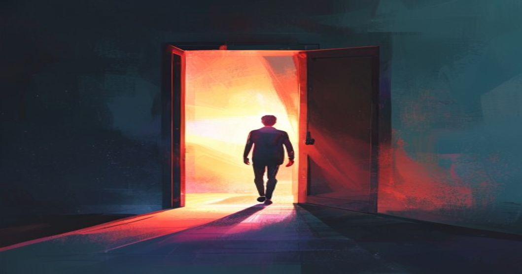 person walking through open door from dark broke financial stress into bright financial freedom light hopeful inspiring blog