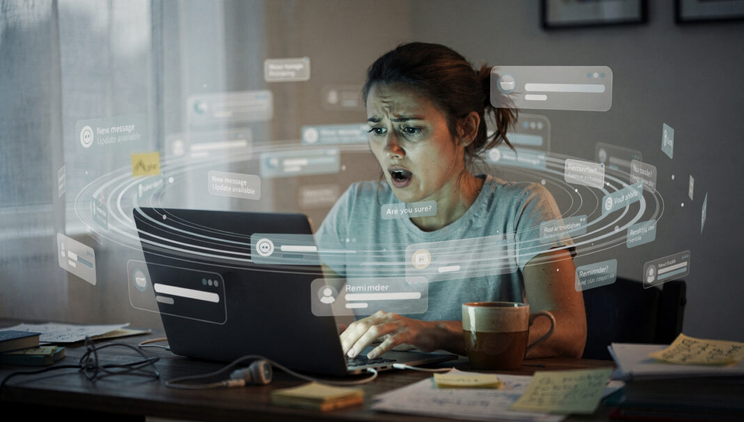 A person at a desk appears overwhelmed by multiple open browser windows and floating application icons on their laptop screen.